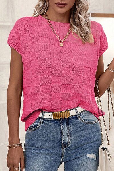 Pocketed Checkered Round Neck Knit Top – product image 1