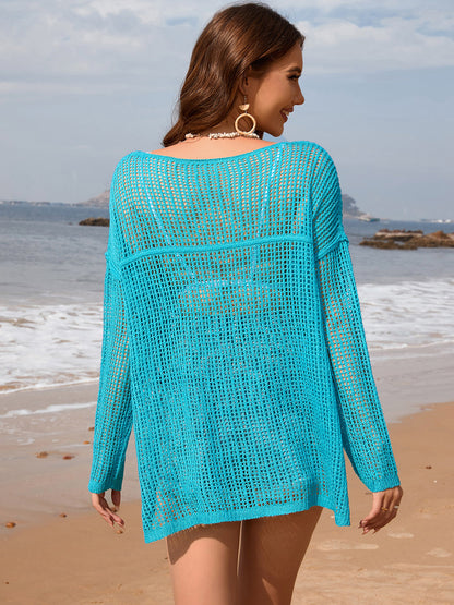 Openwork Slit Boat Neck Long Sleeve Cover-Up – product image 2