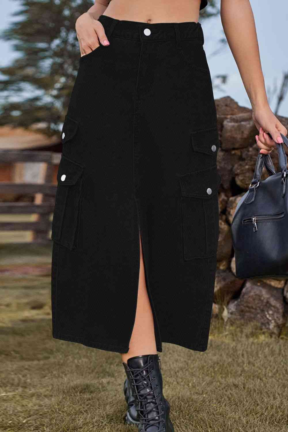 Slit Front Midi Denim Skirt with Pockets – product image 13
