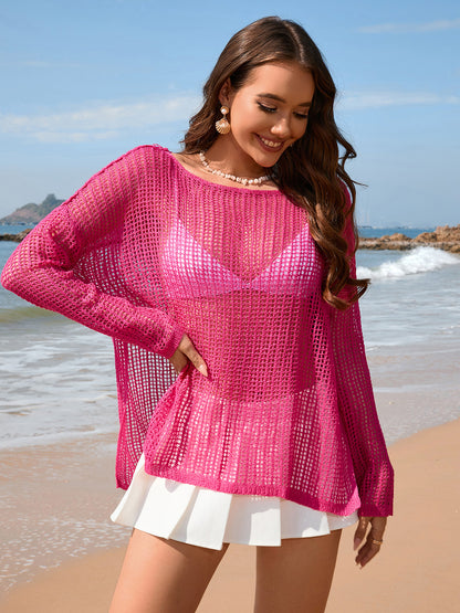 Openwork Slit Boat Neck Long Sleeve Cover-Up – product image 6